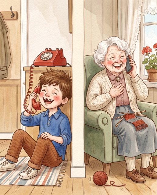 Ett barn som skrattar i den röda luren, farmor i sin mobil med garnet rullande av knät