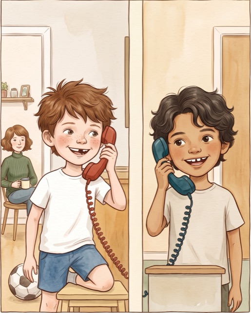 Två kompisar på sina egna telefoner, hemma hos sig